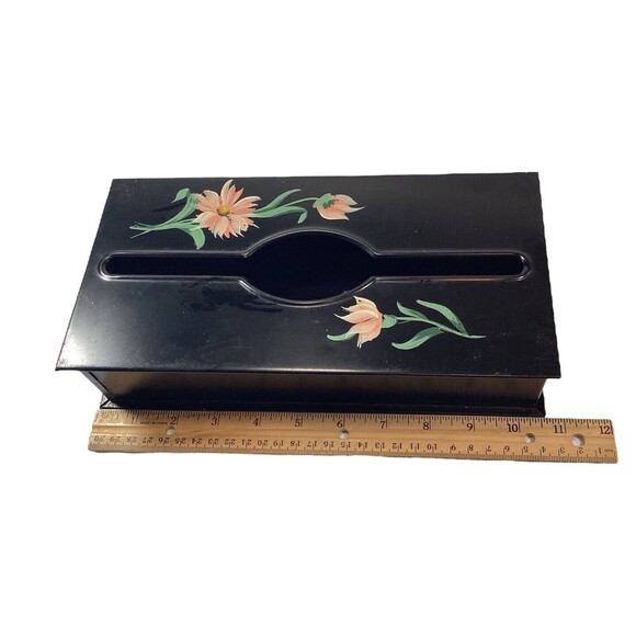 Toleware Black Metal Tissue Box Hand Painted Pink White Flowers Vtg 10.5 in - Picture 7 of 7